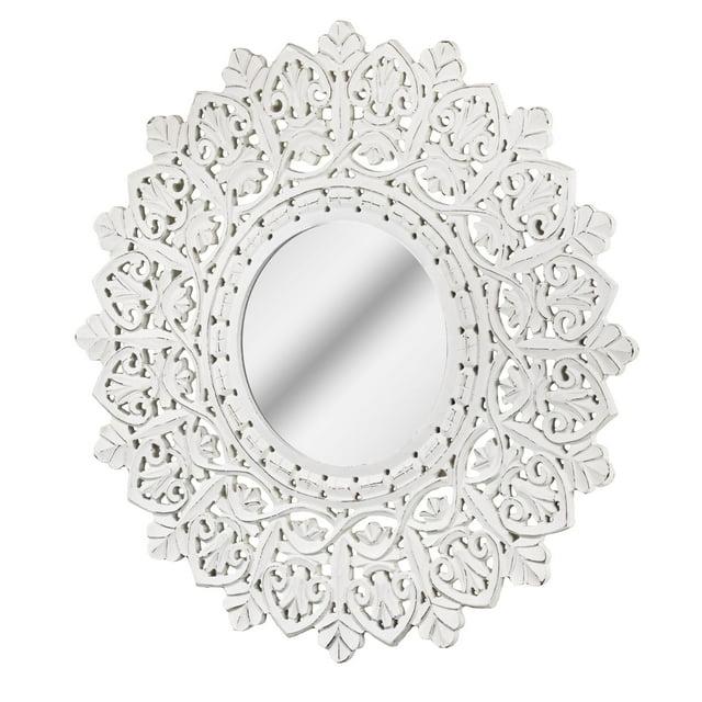 American Art Decor Hand-Carved Wood Medallion Sunburst Accent Mirror – White (31")