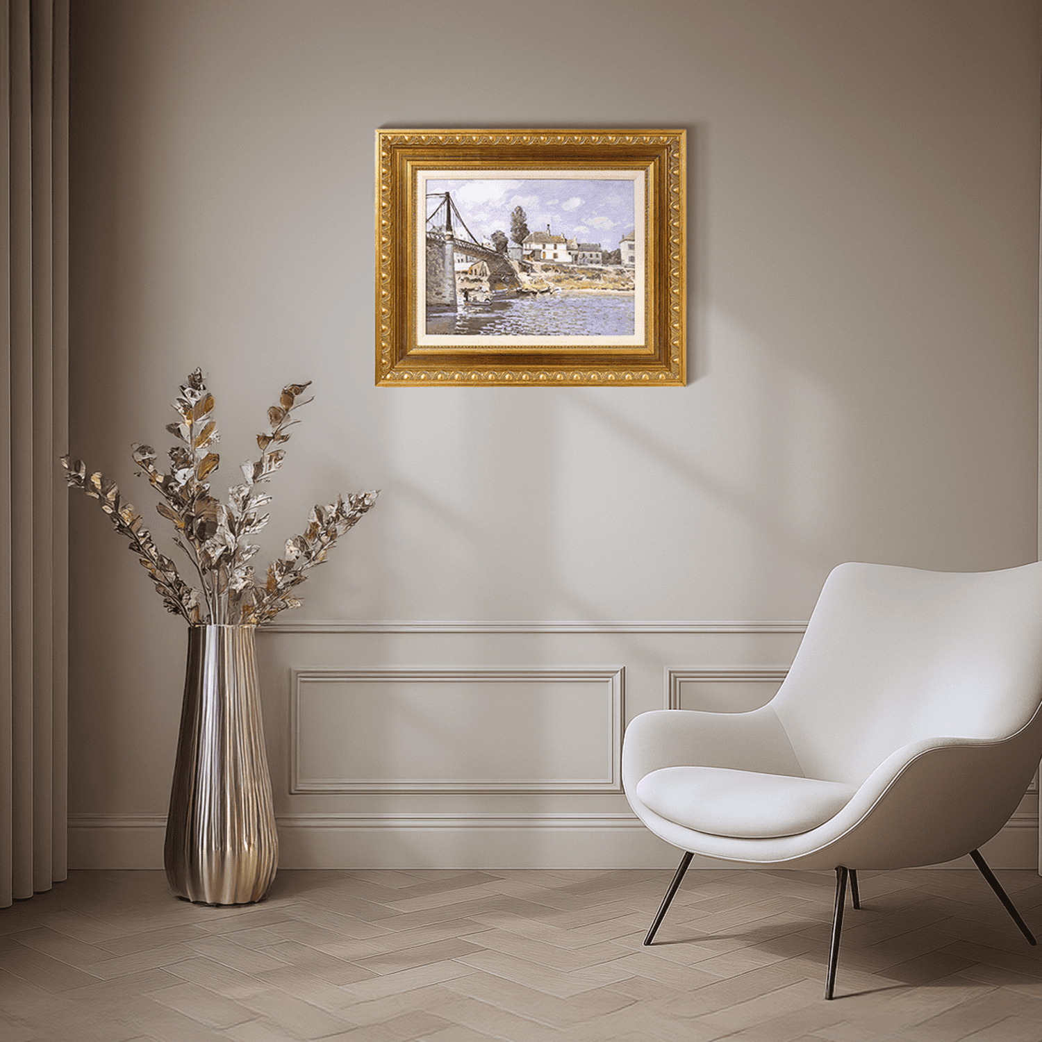 American Art Decor 22.75"x18.75" Ornate Framed The Bridge at Villeneuve Canvas Print by Alfred Sisley: Impressionist Wall Art