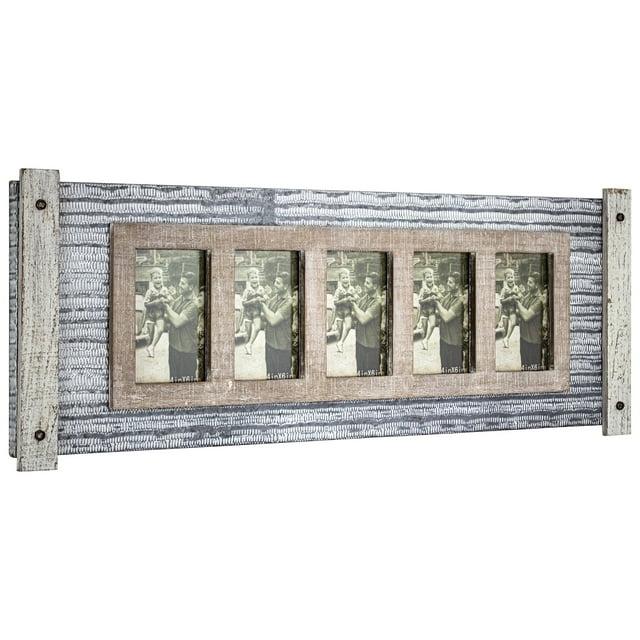 32" x 12" Rustic Wood and Metal Hanging 5 Picture Photo Frame Wall Accent - American Art Decor: Collage Display, Keyhole Mount