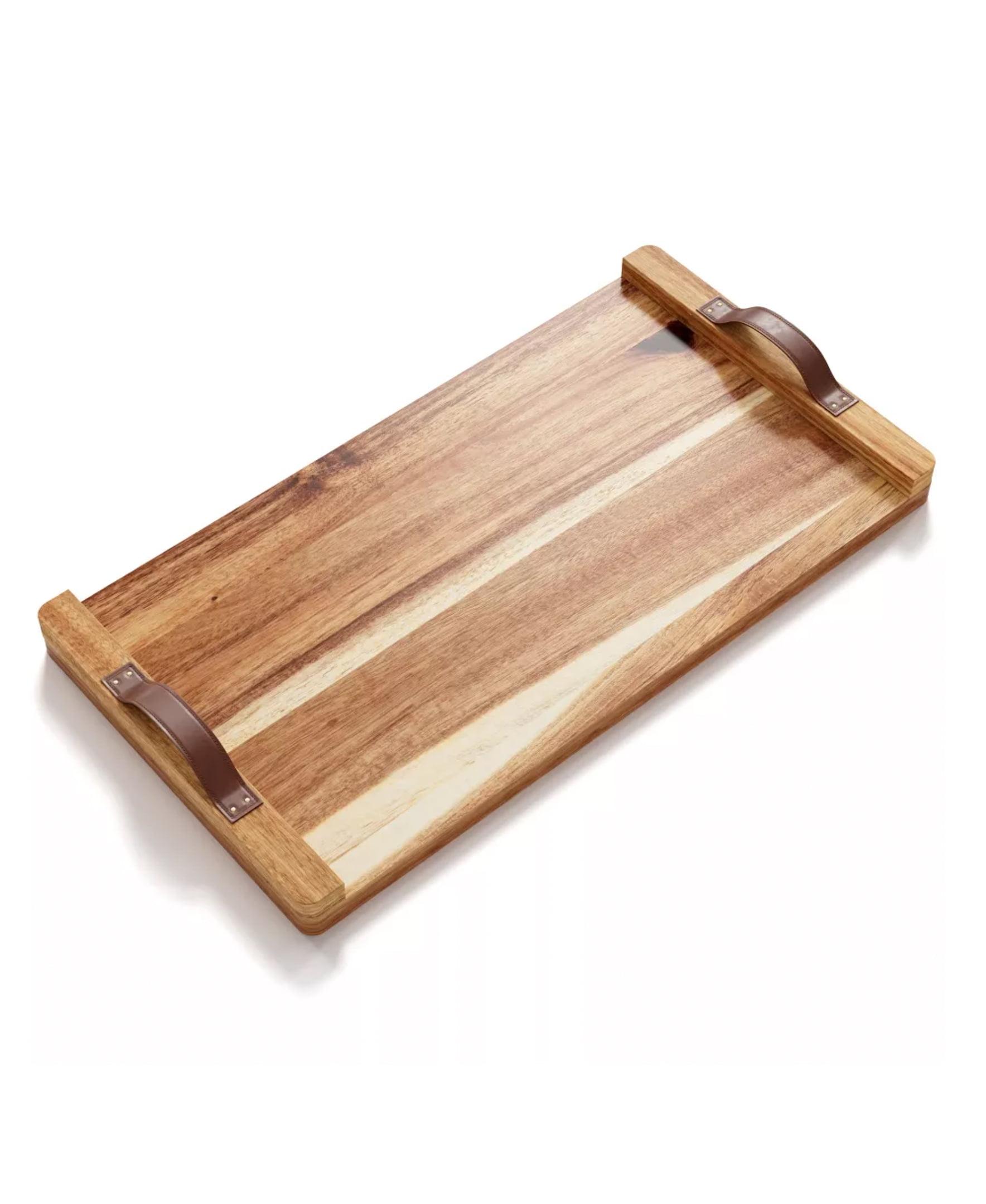 Acacia Wood Rectangular Tray with Leather Handles, 21"