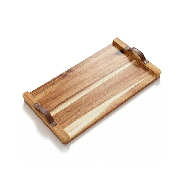 American Atelier Acacia Wood Rectangular Tray with Leather Handles, Serving Platters, Wooden Board for Cheese, Meats, Snack or Charcuterie, 18” x 9”