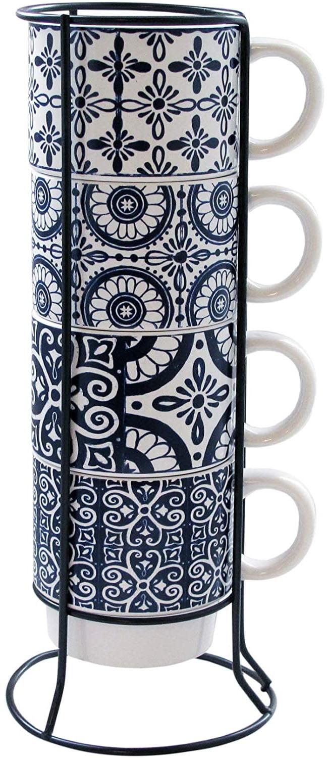 Blue Ceramic Stackable Mug Set with Metal Rack, 14 oz, 4-Piece