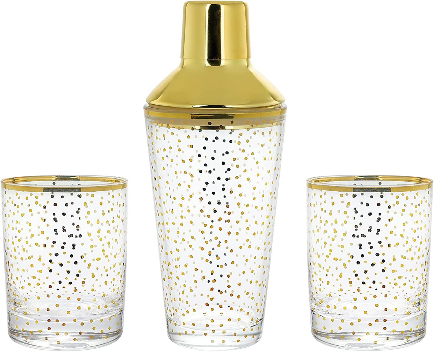 Gold Confetti Glass Cocktail Shaker Set with 2 Glasses