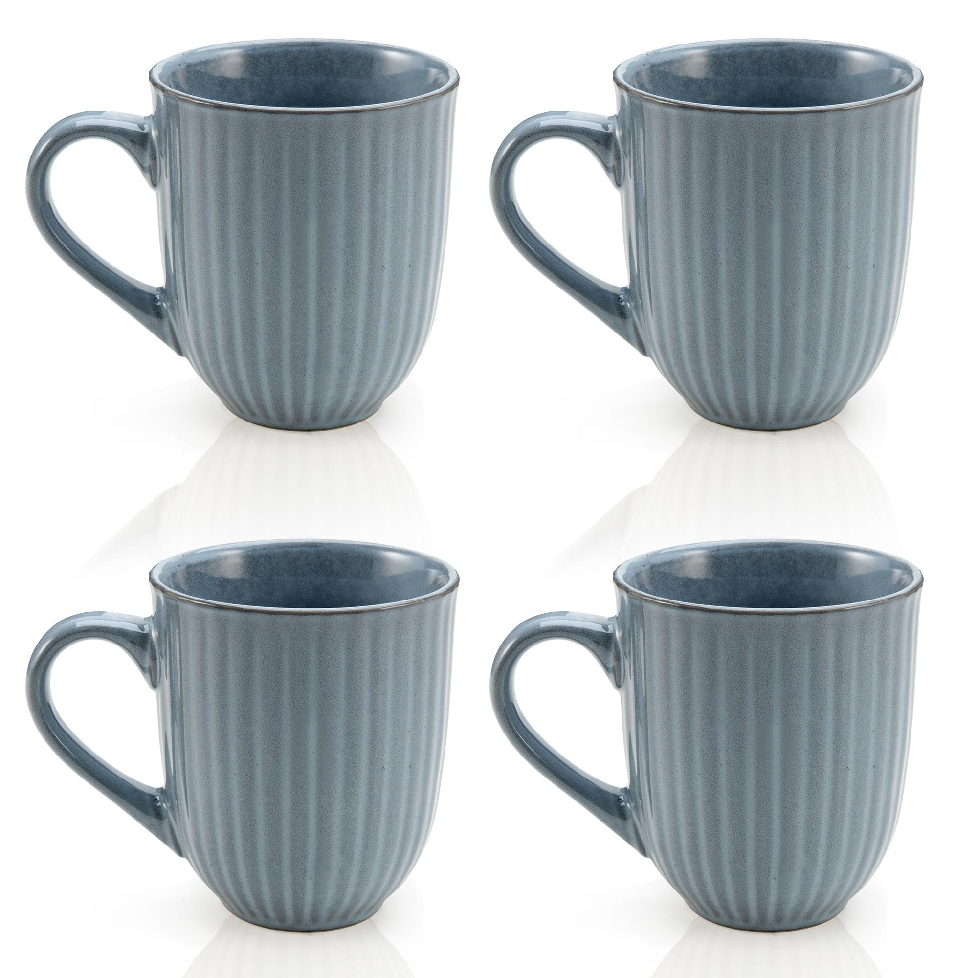 Blue Ribbed Ceramic 14-Ounce Coffee Mug Set of 4