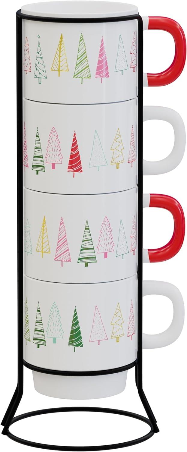 American Atelier Christmas Ceramic Mug & Rack Set - 4 Cups & Standing Metal Rack for Kitchen Countertop, Tabletop, Island, or Café Display, 14 oz