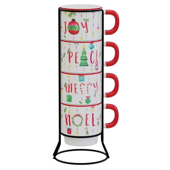 American Atelier 14 Oz Mug Set with Rack (Set of 4) - Stackable Ceramic Mugs, Holiday-Themed Coffee Cup Set for Coffee, Tea, Hot Chocolate - Microwave & Dishwasher Safe, Mug Set for Coffee Lovers
