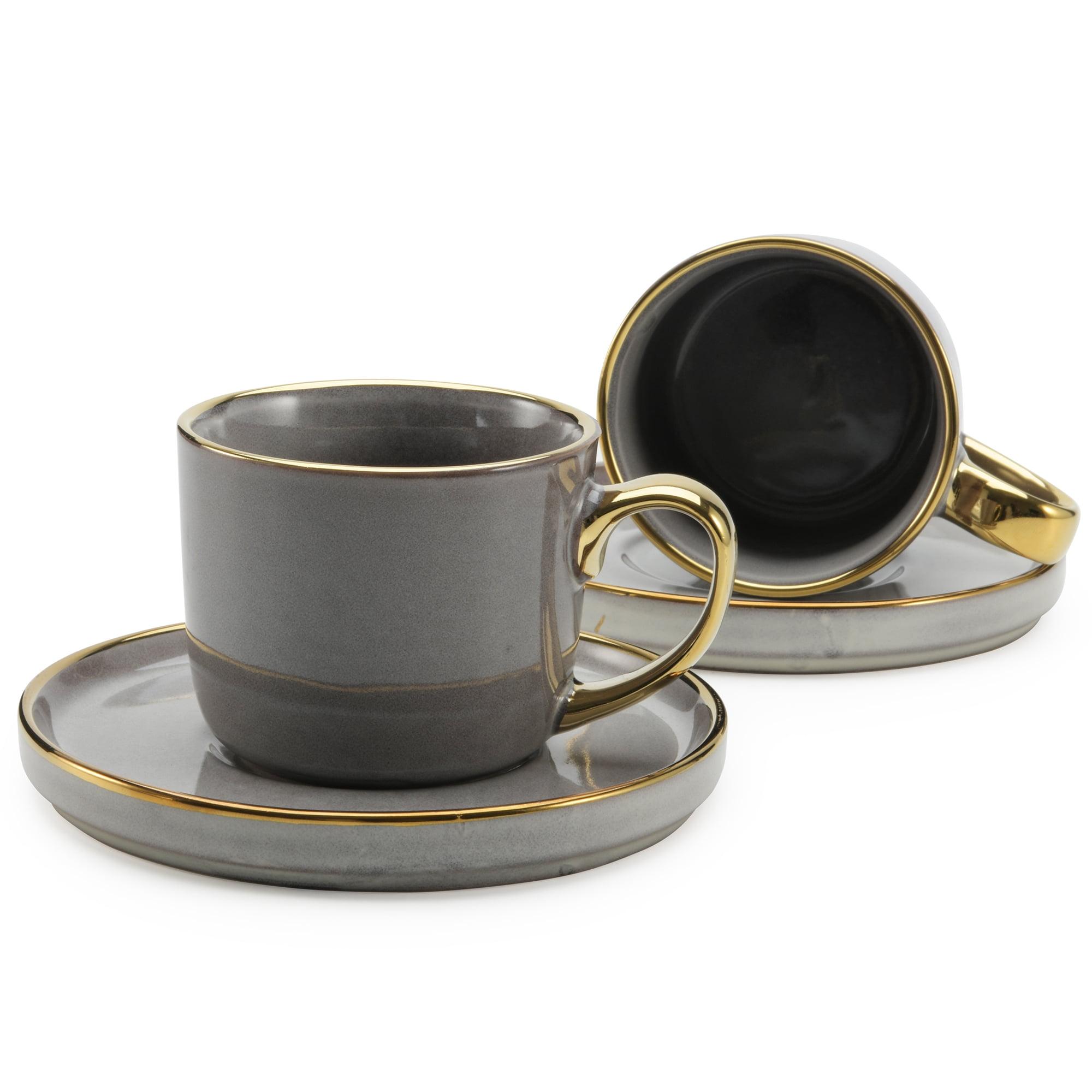 Gray Ceramic Teacup and Saucer Set with Gold Rim