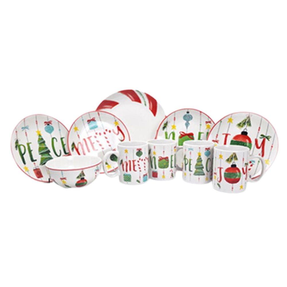 Holiday Peppermint Ornaments Ceramic Dinnerware Set, Service for 4