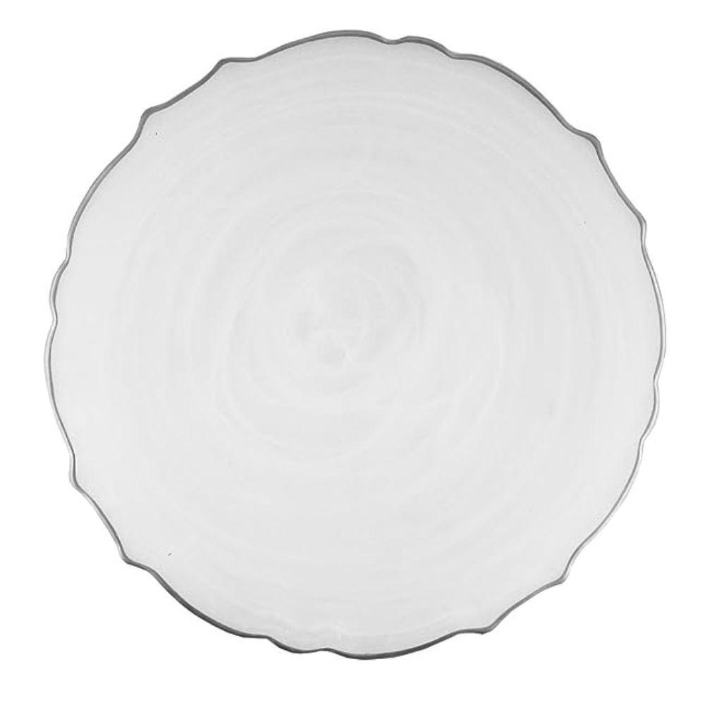 White Glass Alabaster Round Charger Plate with Silver Rim