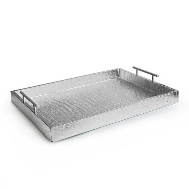 American Atelier, Silver Polyurethane Leather Alligator Rectangular Serving Tray with Handle, 14x19"