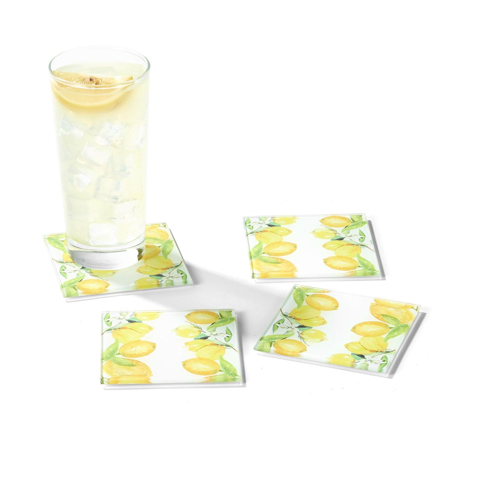 American Atelier, Square, Yellow Glass Drink Coasters (Lemon Branches), Set of 4
