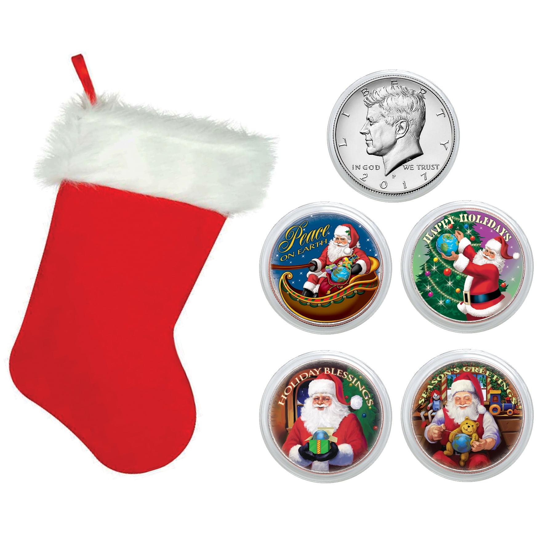 Santa Coin Collection in Red Christmas Stocking