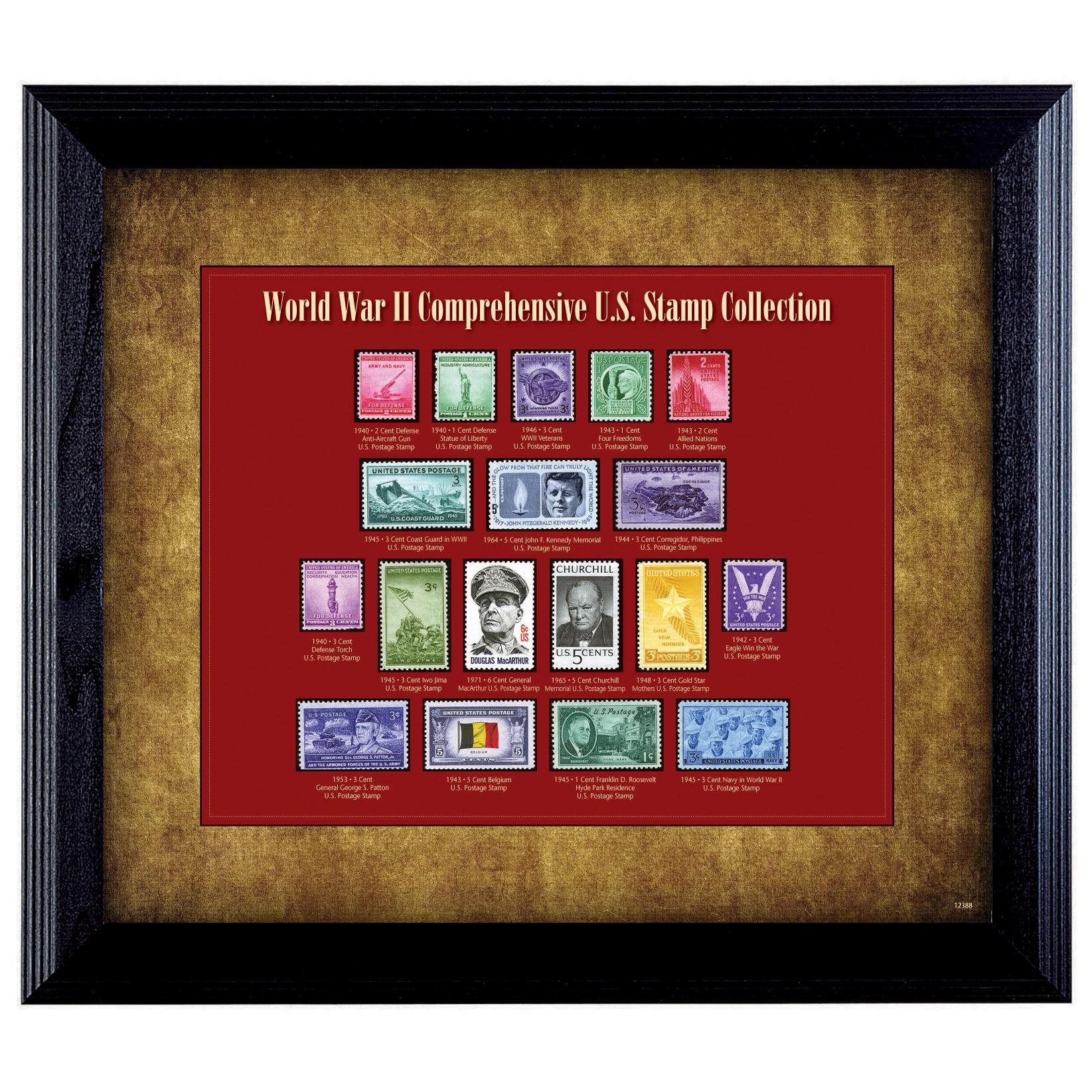 Black Wood Framed World War II Stamp Collection