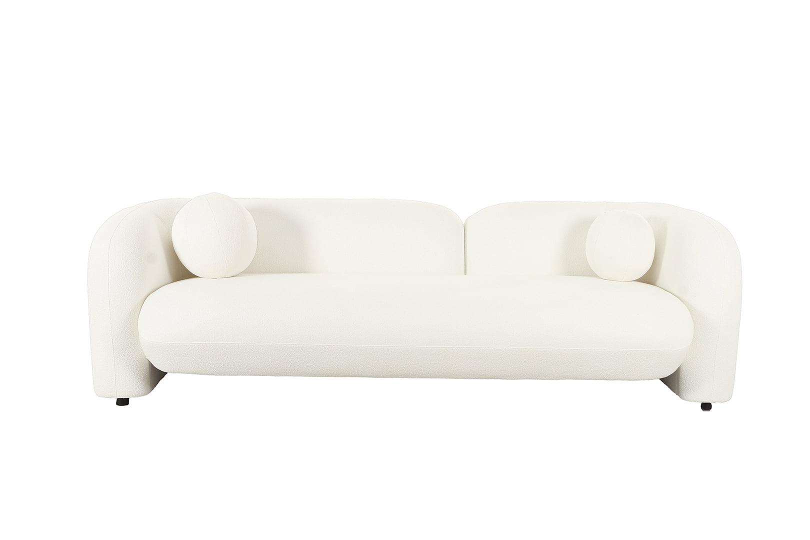 Modern Chic White Fabric Low Back Sofa with Round Toss Pillows