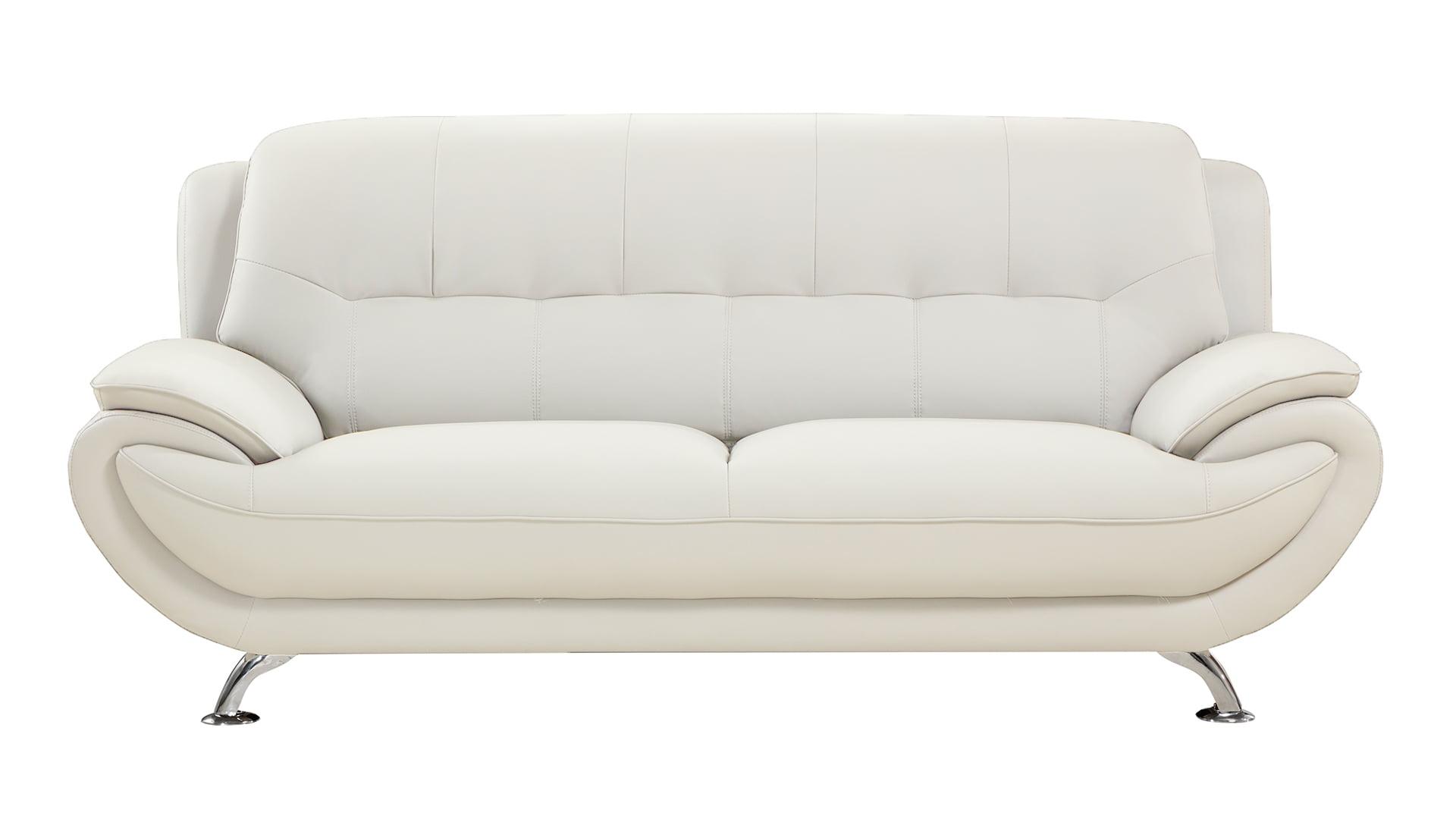 Ivory Tufted Genuine Leather Sofa with Chrome Legs