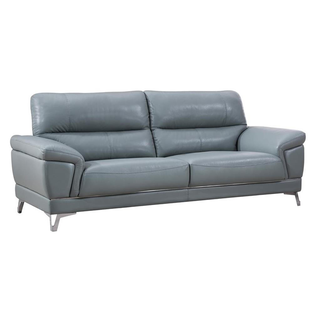 Elegant Blue Top Grain Leather Sofa with Pillow-top Arms and Solid Wood Legs