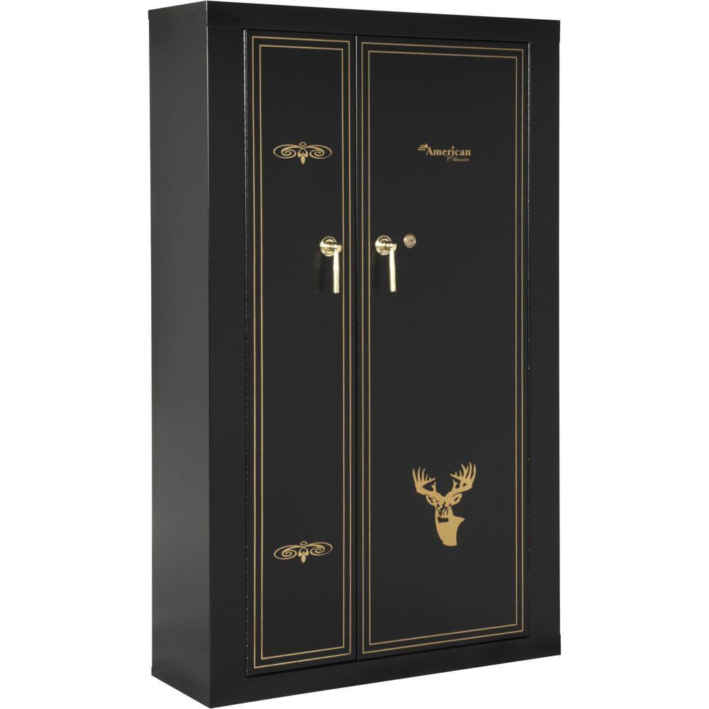 Classic 16-Gun Black and Woodgrain Metal Safe with Key Lock