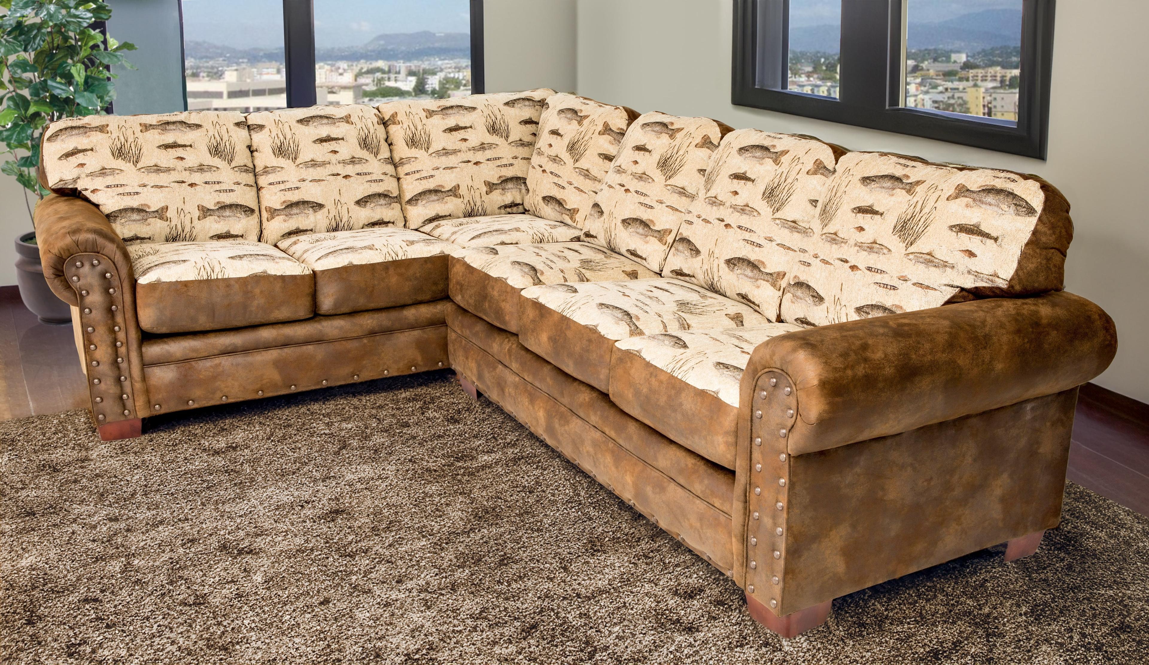 Brown Microfiber and Wood Two-Piece Sectional Sofa with Nailhead Accents