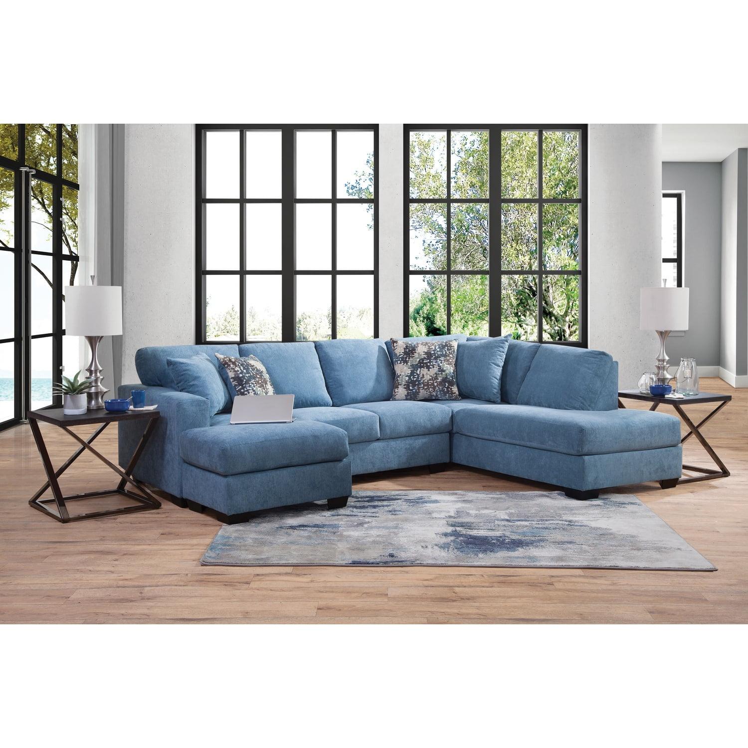 Blue Chenille U-Shaped Sectional Sofa with Ottoman and Pillows