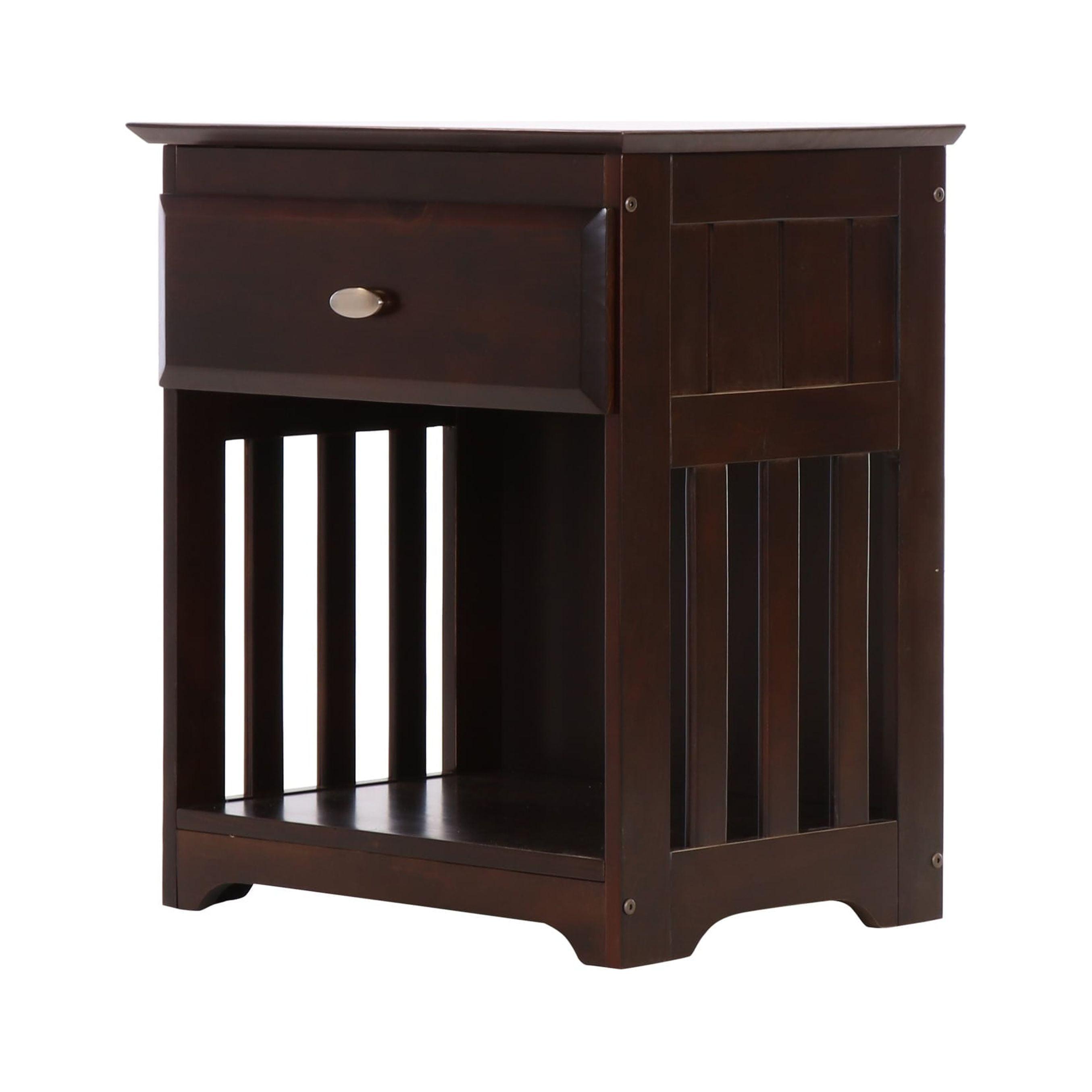 Solid Pine Espresso Nightstand with Framed Detail and Silver Pull