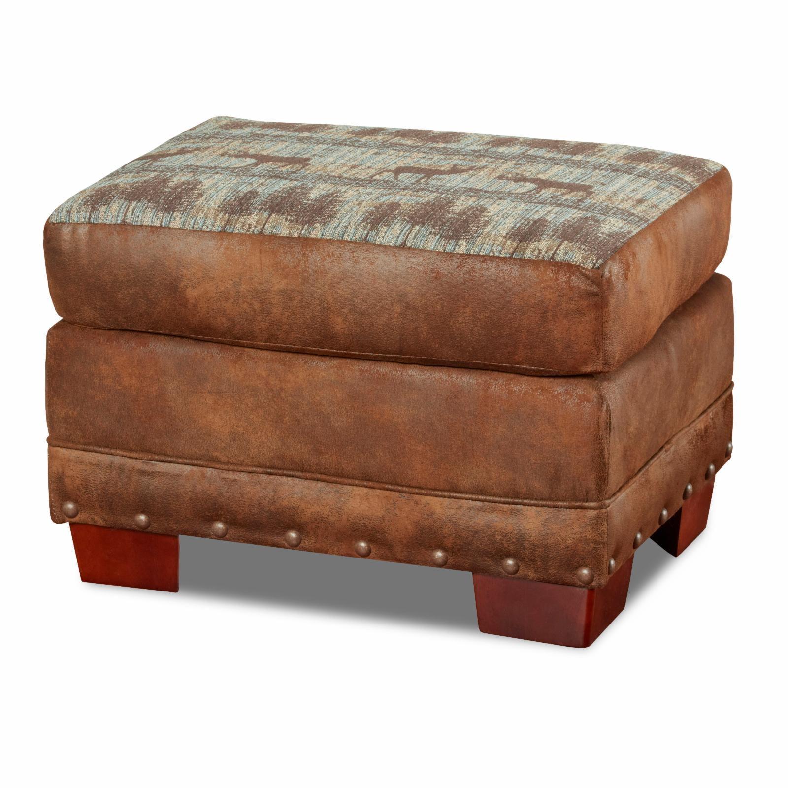 Teal and Brown Tapestry Lodge Ottoman with Wood Legs