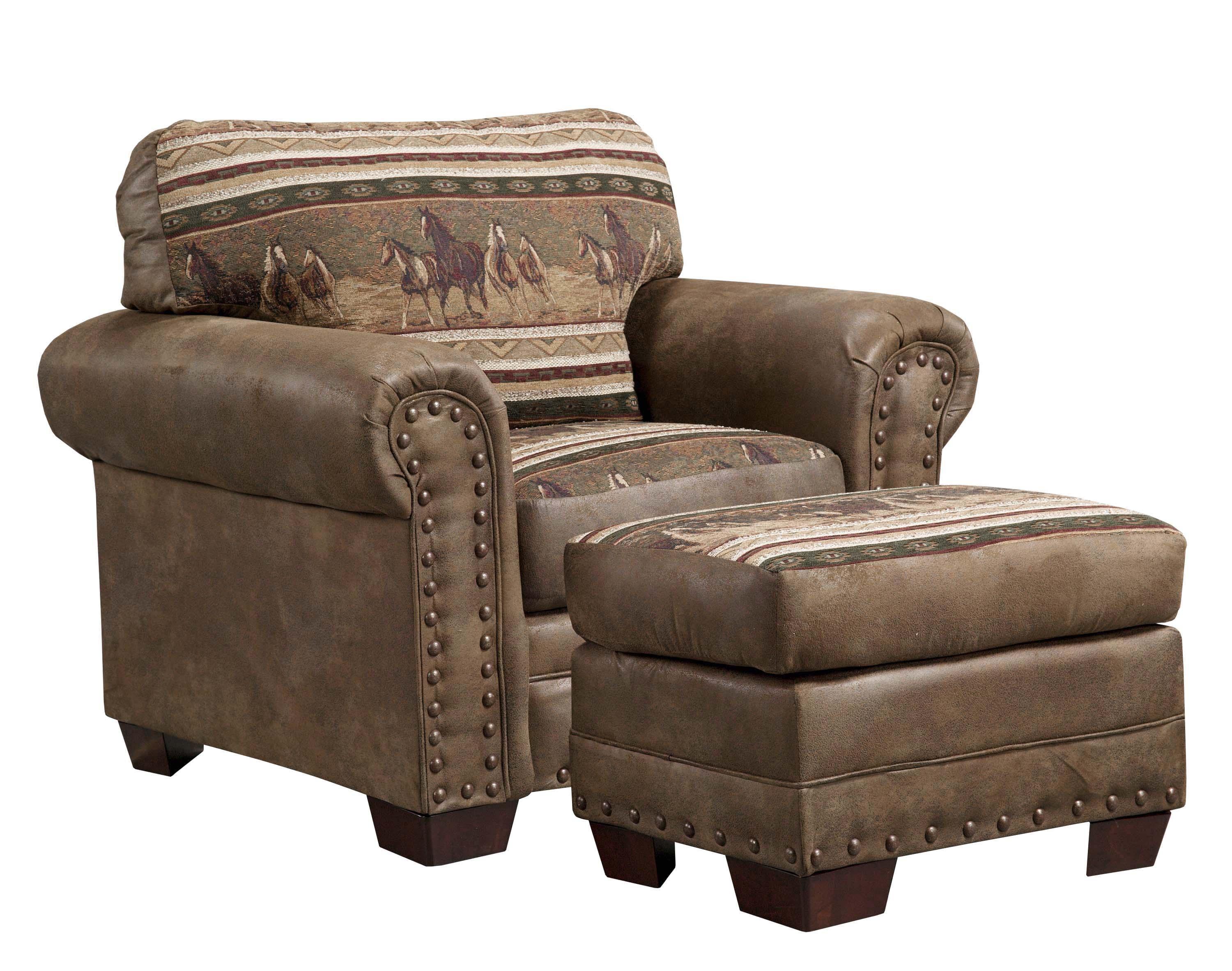 Brown Microfiber and Wood Rustic Accent Chair with Ottoman