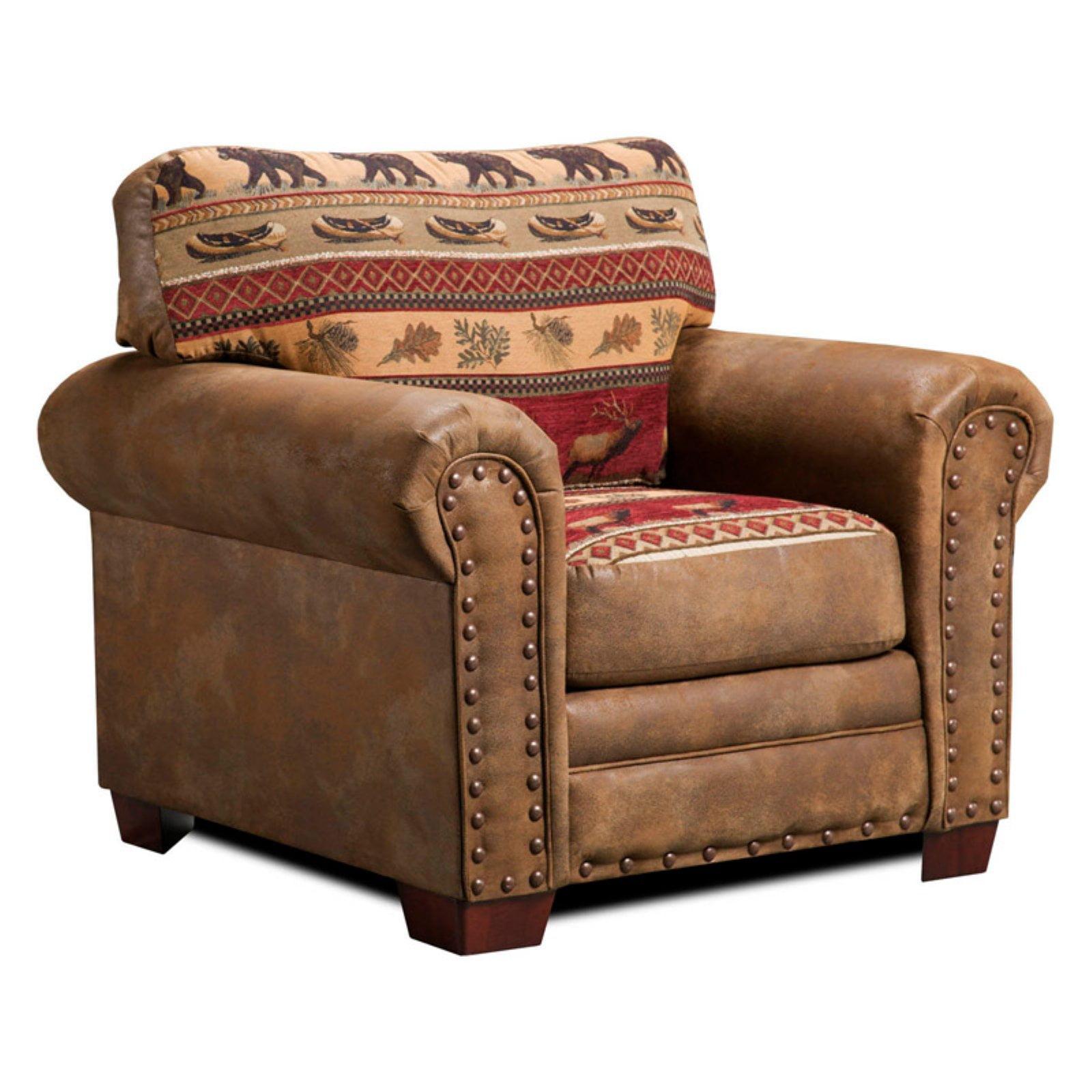 Sierra Lodge Rustic Oak Wood Accent Chair with Elk and Bear Tapestry