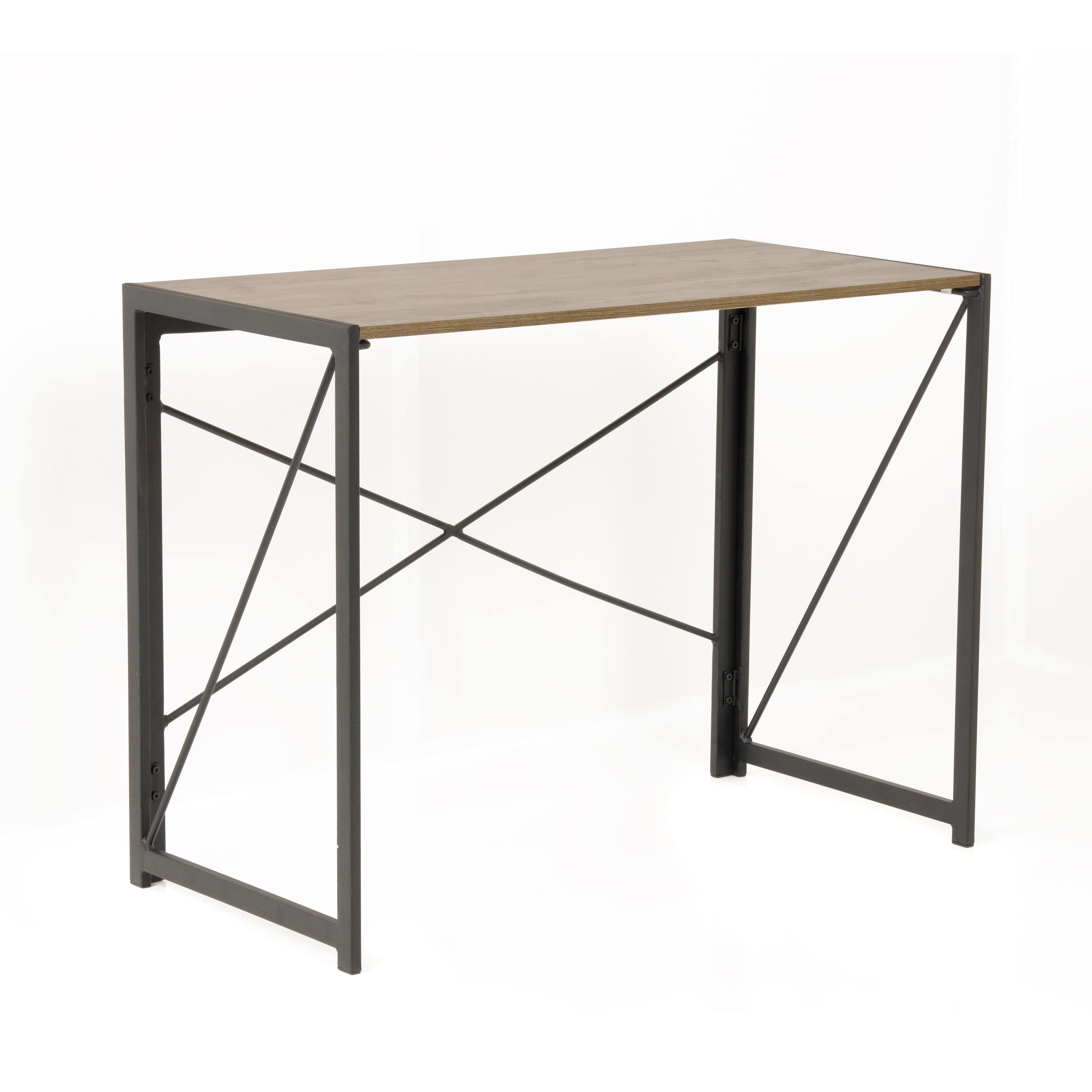 Sewn Oak Laminate No-Tool Writing Desk with Black Metal Legs