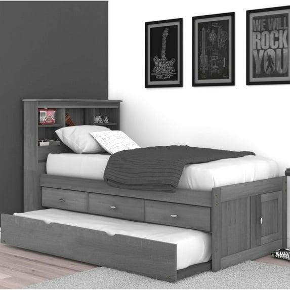 OS Home and Office Model 83220K3-22 Solid Pine Twin Captains Bookcase Bed with 3 drawers and a Twin Sized Trundle in Charcoal Gray