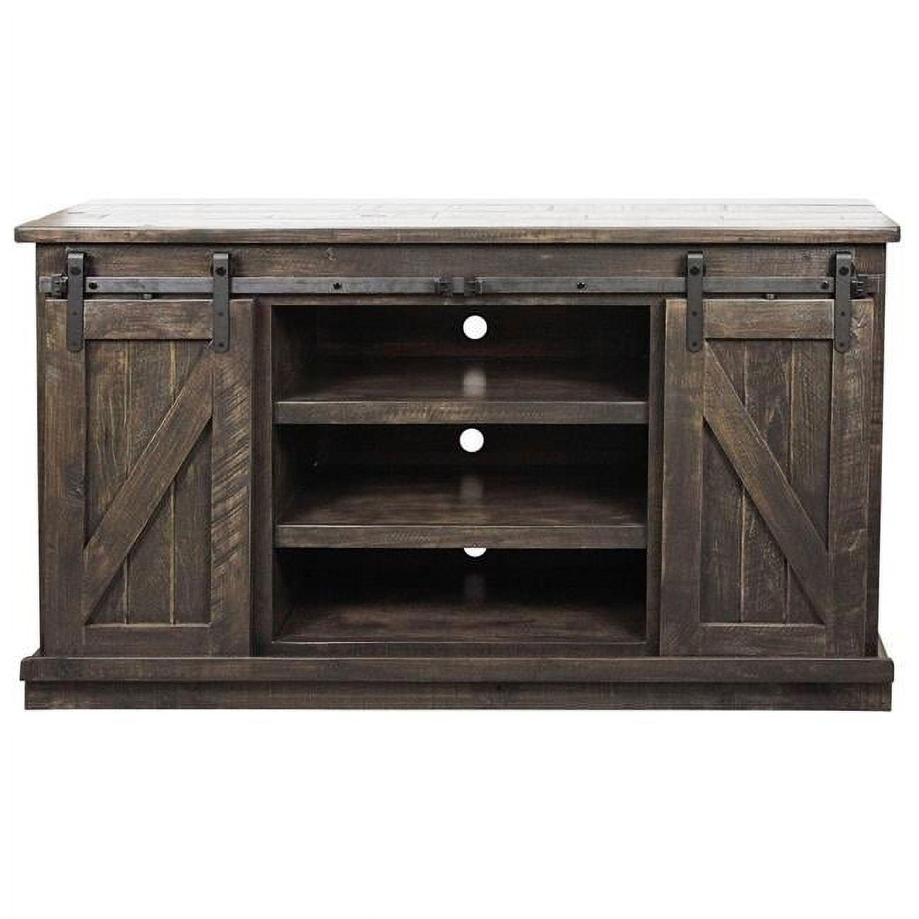 Rustic Driftwood Solid Wood Media Console with Sliding Doors