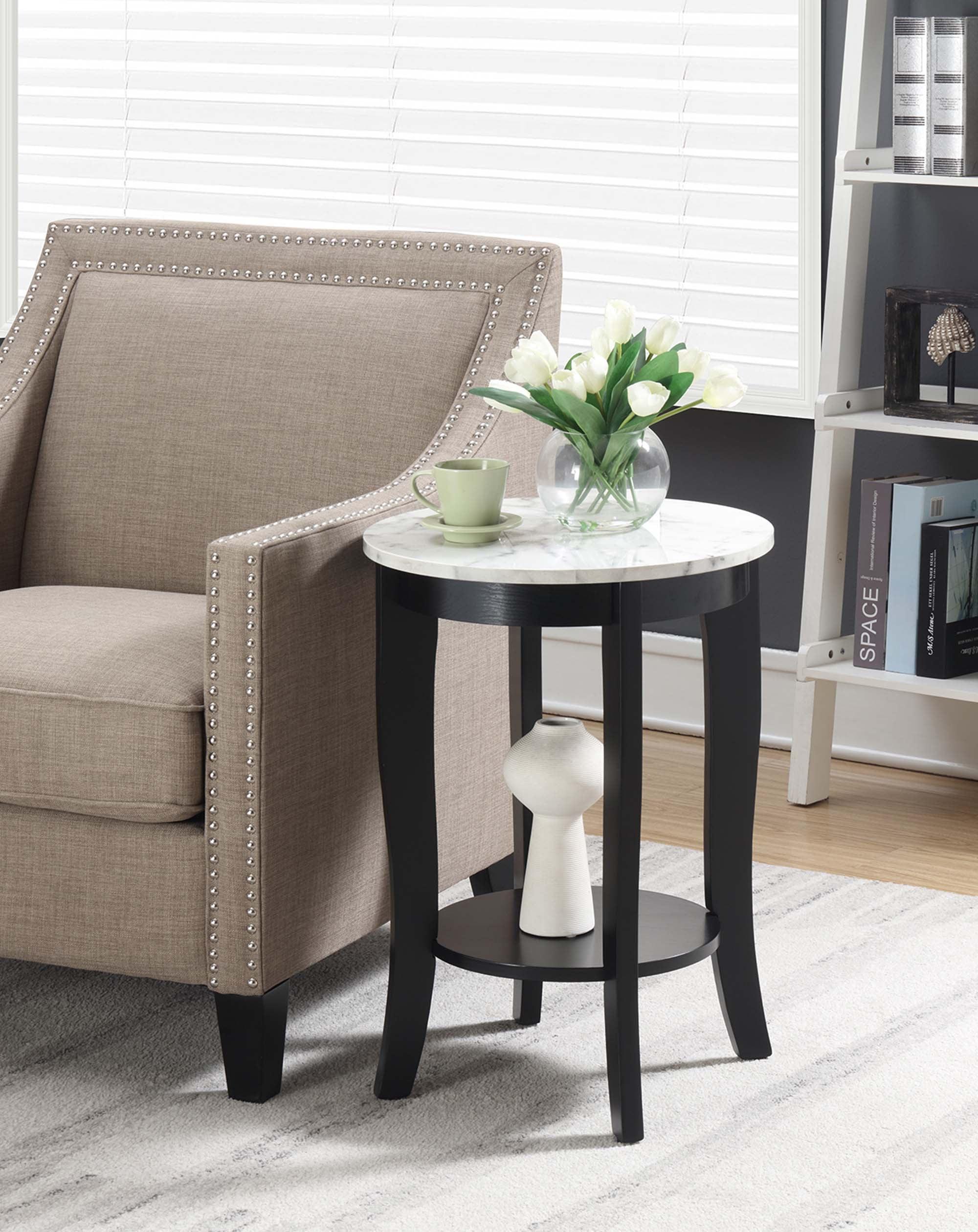 American Heritage Round End Table, White Faux Marble & Black - 24 x 17.75 x 17.75 in.