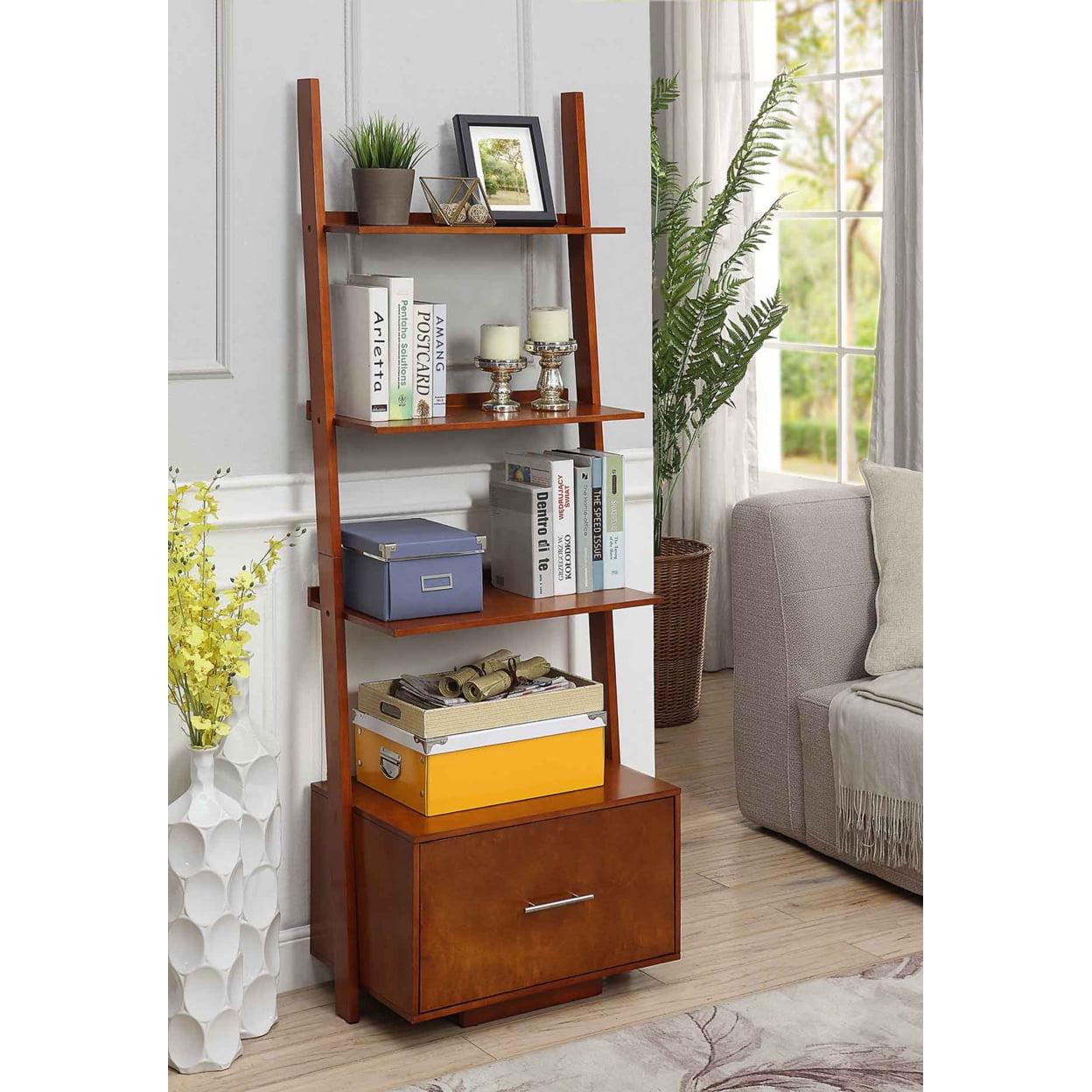 Espresso Wood Ladder Bookcase with File Drawer, 69"