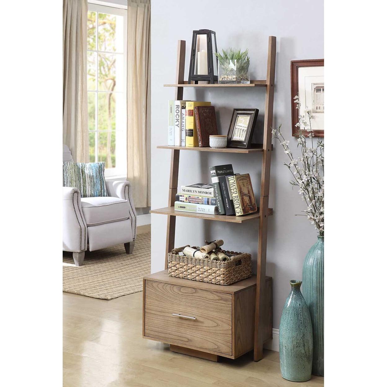 Gray Wood 4-Tier Ladder Bookcase with Concealed Storage Drawer