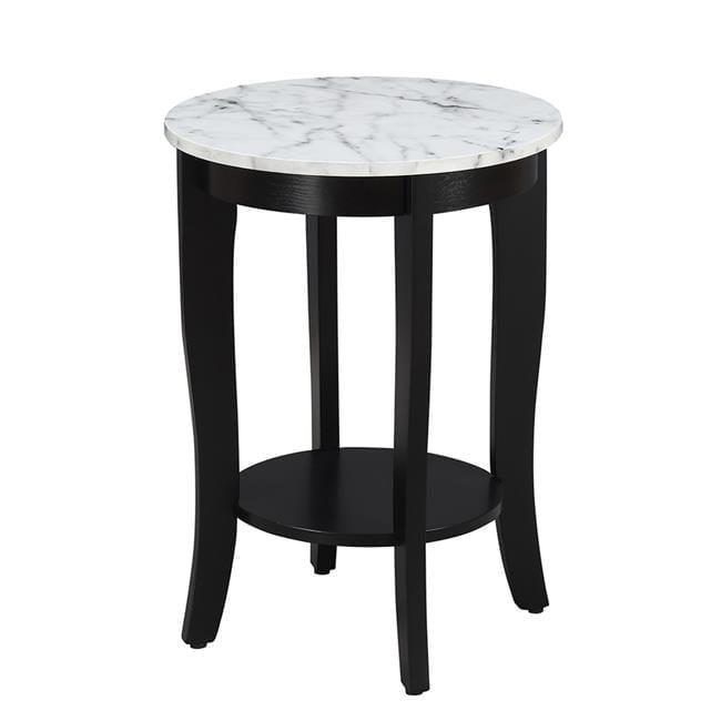 American Heritage Round End Table, White Faux Marble & Black - 24 x 17.75 x 17.75 in.