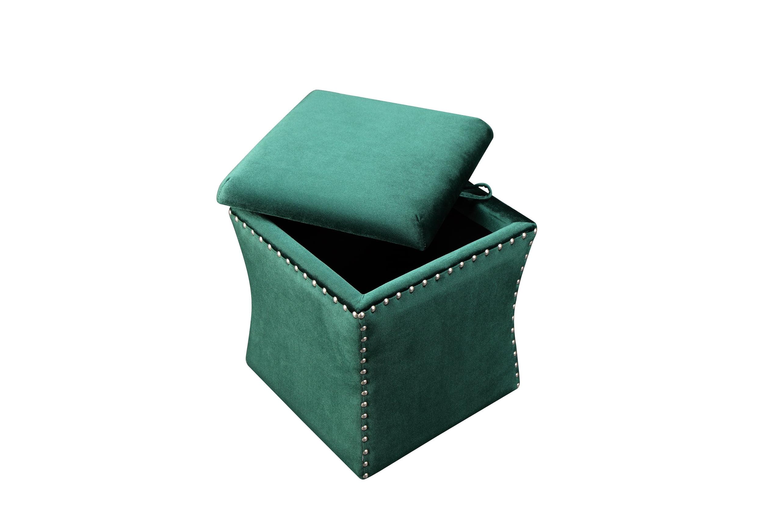 Green Velvet and Wood Storage Ottoman with Nailhead Trim