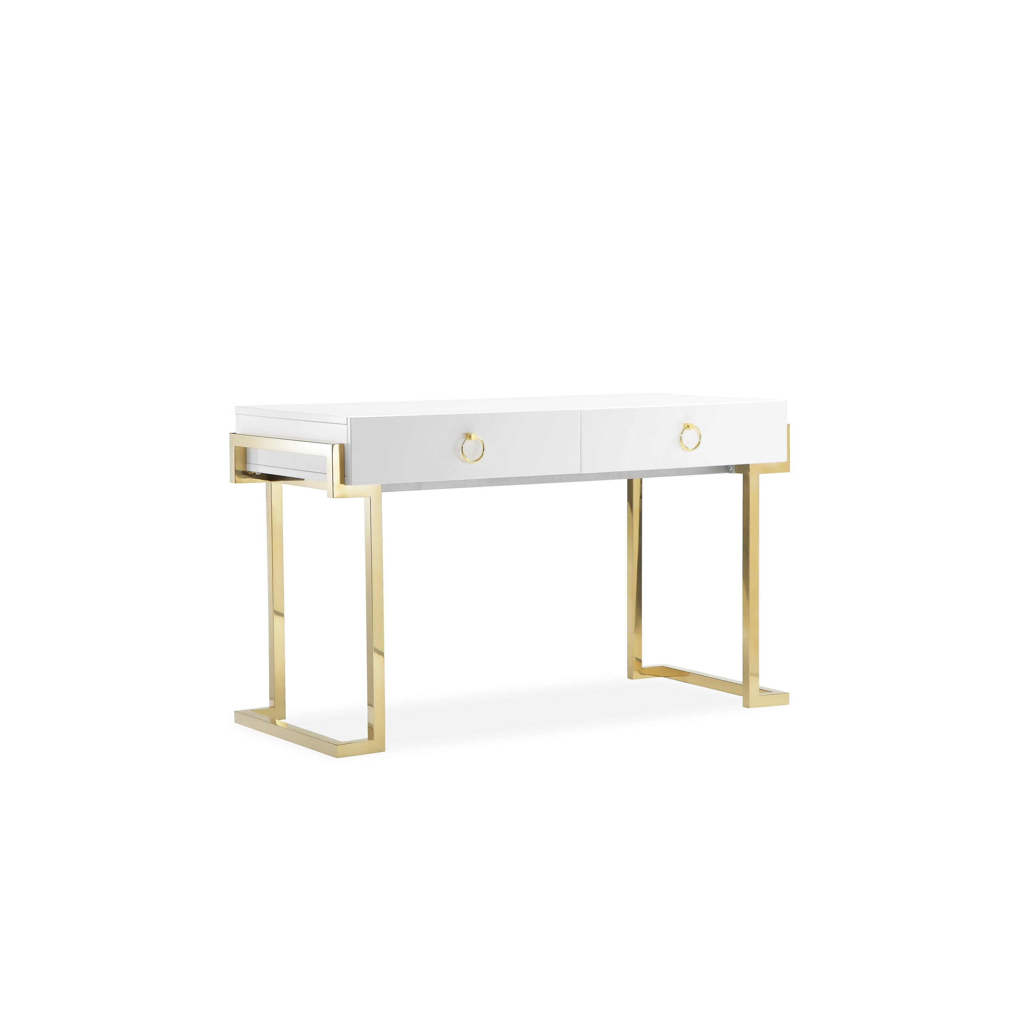 Modern White Lacquer and Gold Steel Desk with Drawers