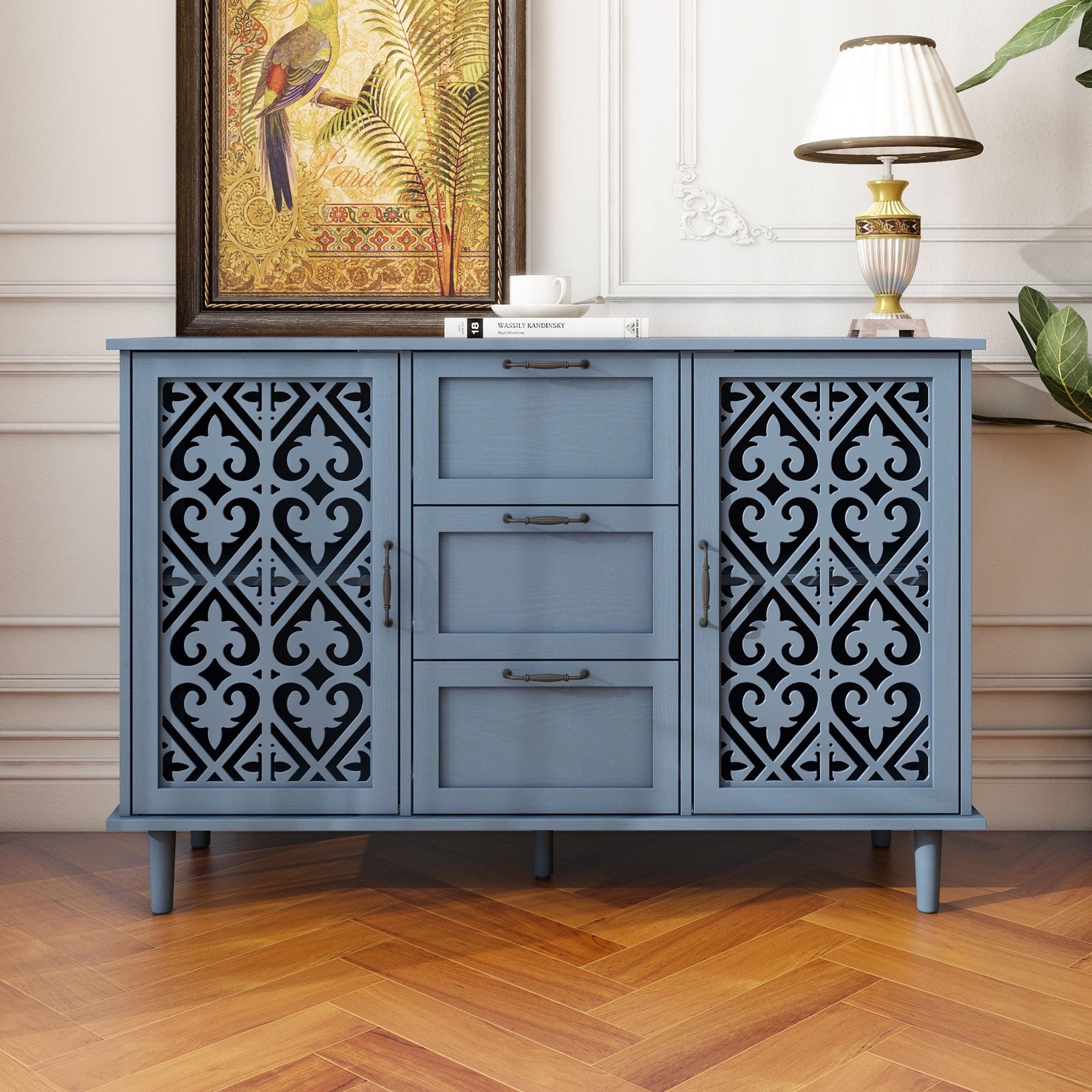 Blue Freestanding Wood Cabinet with Adjustable Shelving and Lockable Doors