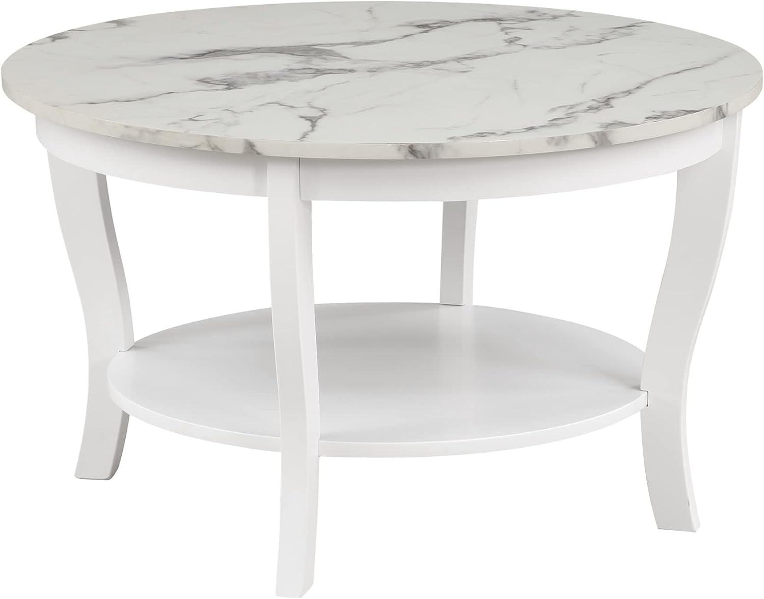 Heritage 30" Round White Faux Marble Coffee Table with Shelf