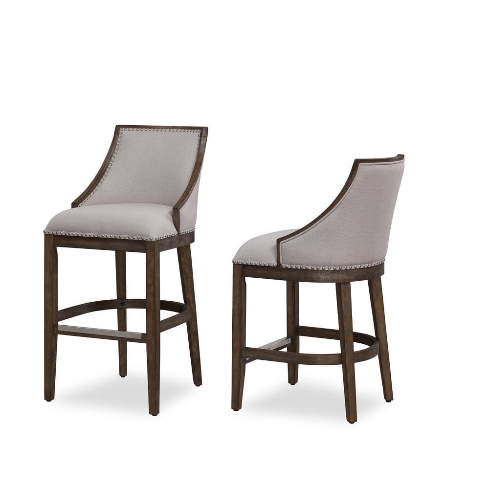 Elegant Transitional Driftwood Brown Bar Stool with Beige Fabric