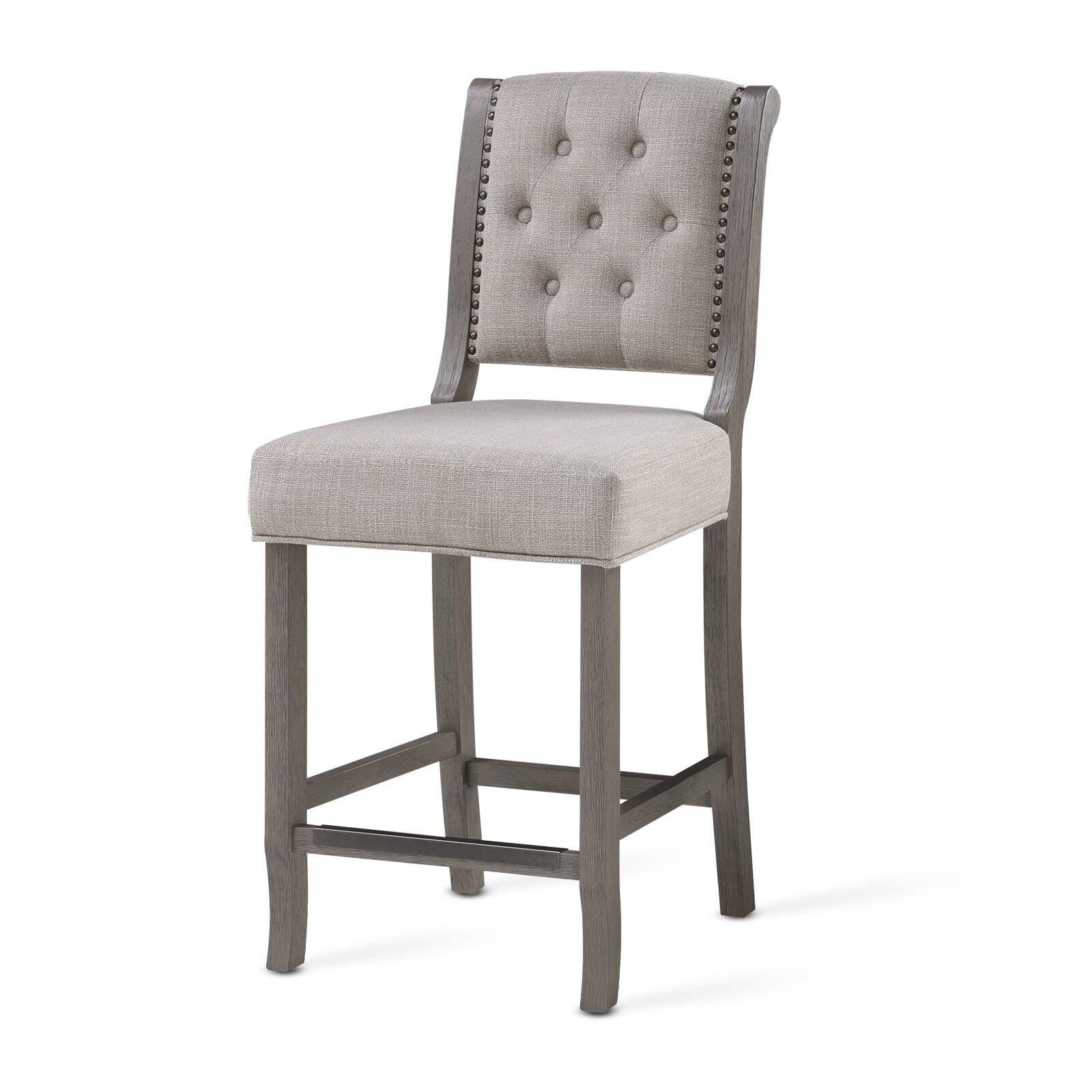 Driftwood Grey Tufted Back Counter Stool with Bronze Nailhead Trim