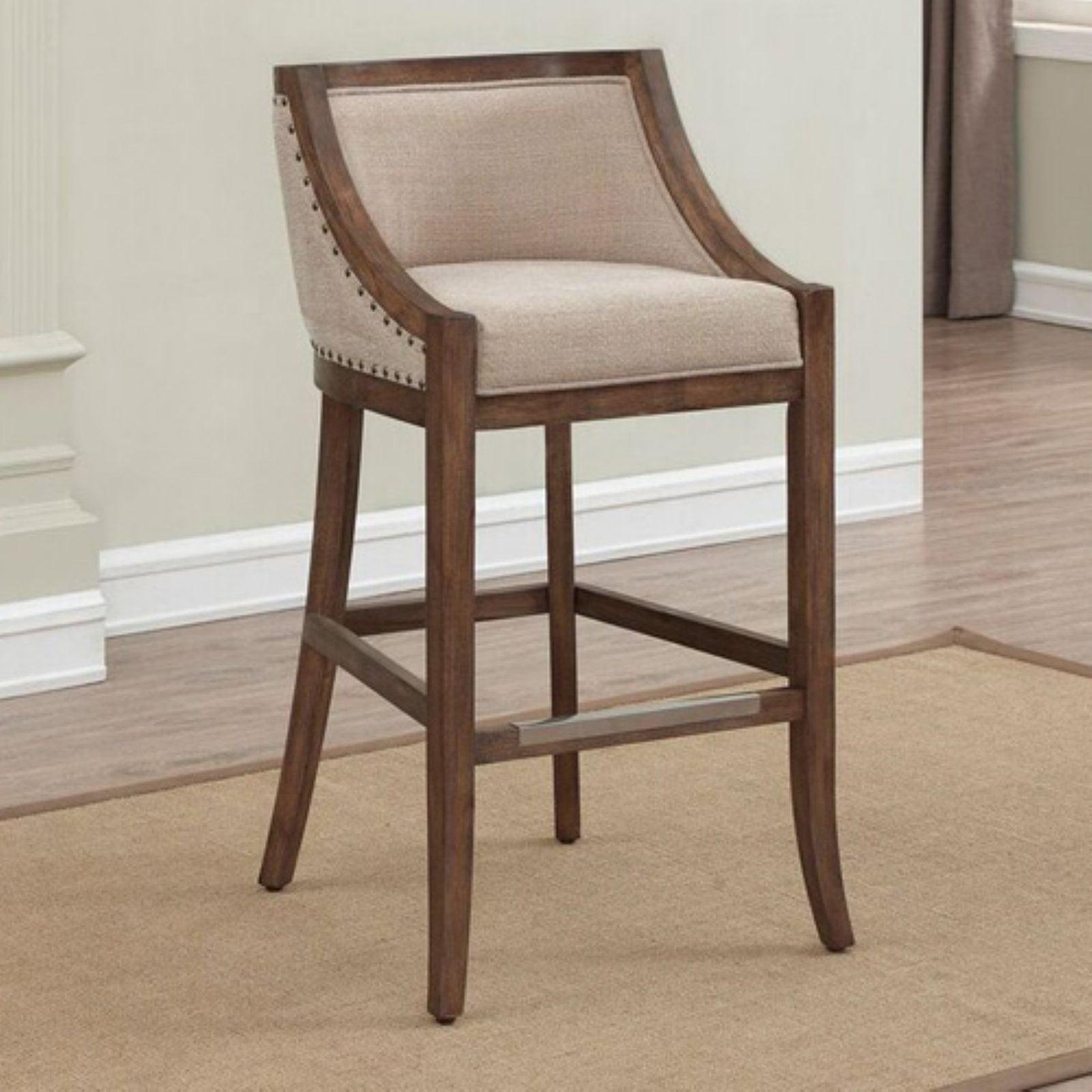 Michelle Vintage Brown Birchwood Counter Stool with Beige Linen Seat