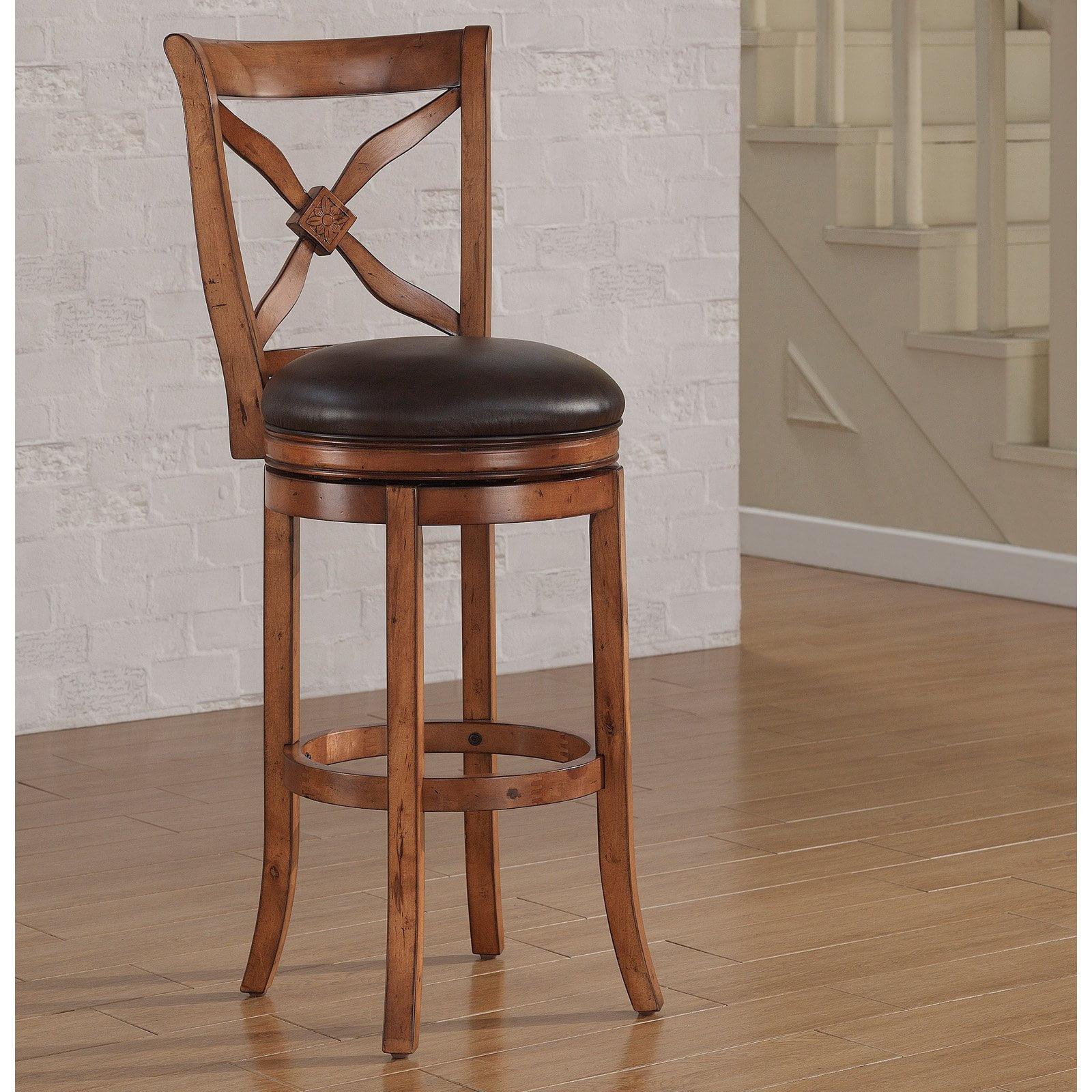 Transitional Brown Leather Swivel Chair with Carved Flower Detail