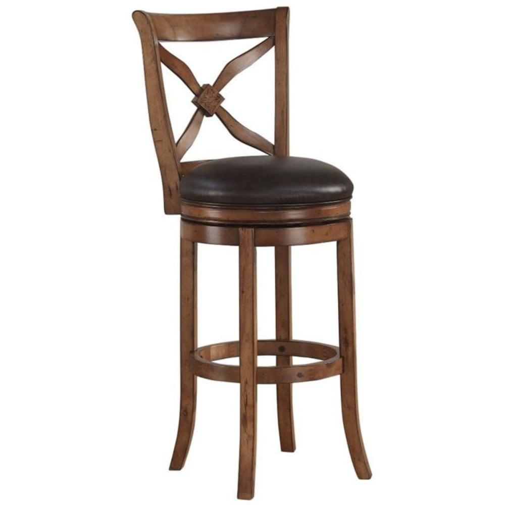 Transitional Swivel Bar Stool in Brown Leather and Light Oak