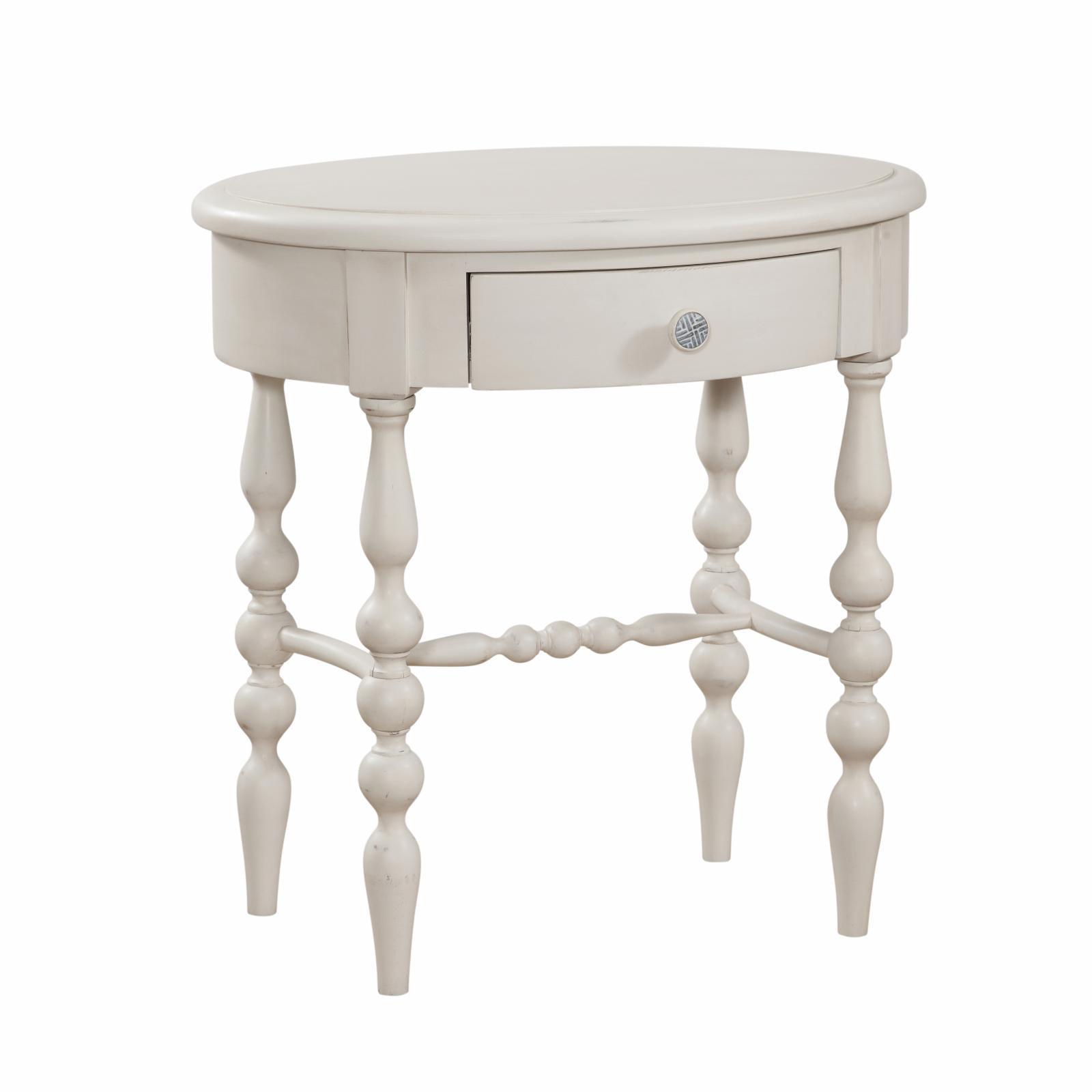 Dove White Wood Oval Accent Table with Storage Drawer