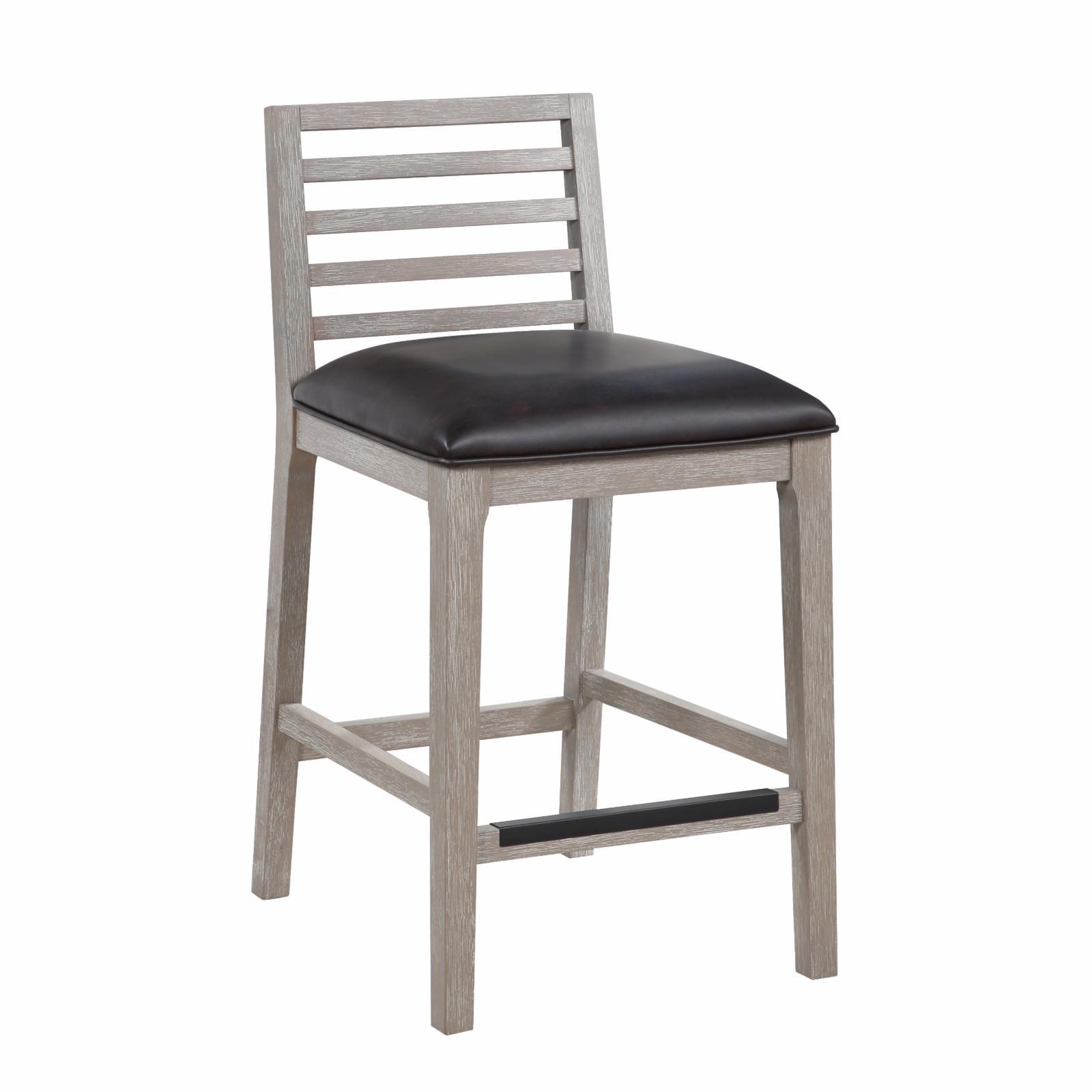 Siri Transitional Driftwood Gray Wood with Dark Brown Leather Counter Stool