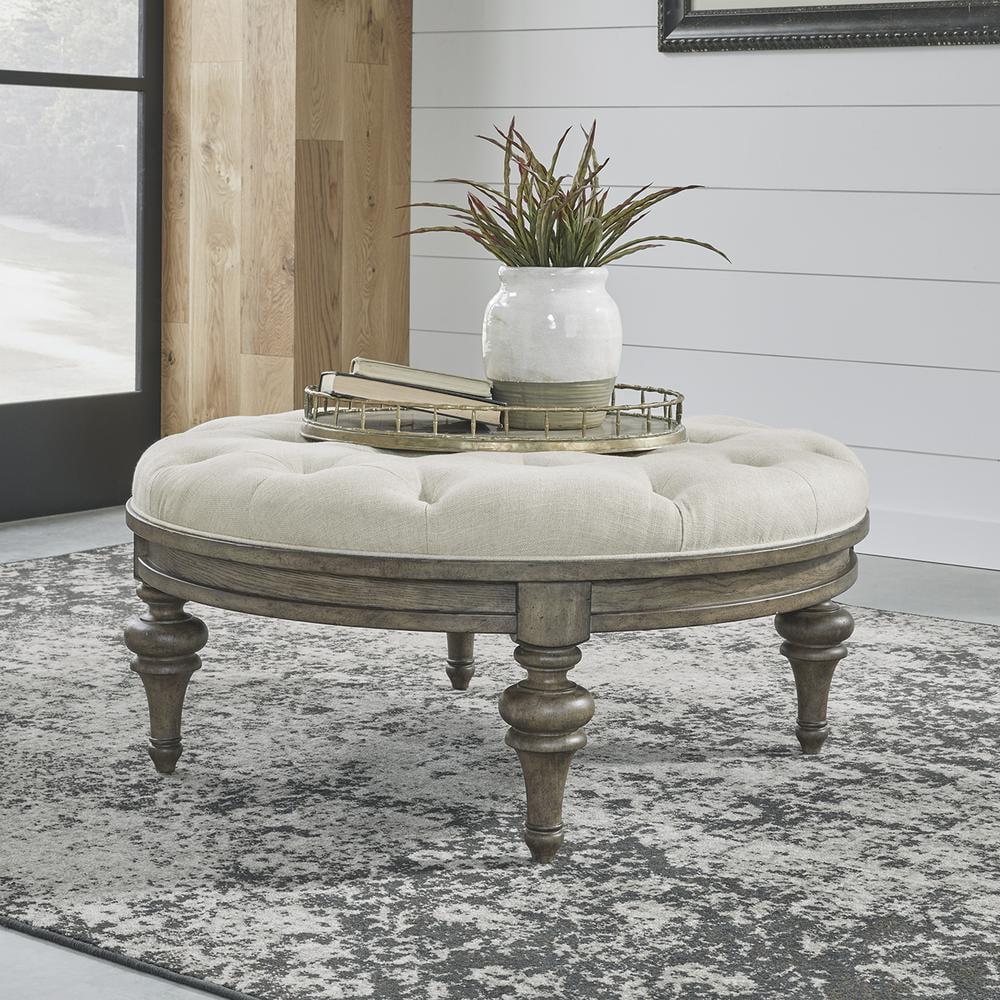 Traditional Tufted Round Brown Cocktail Ottoman with Wood Trim