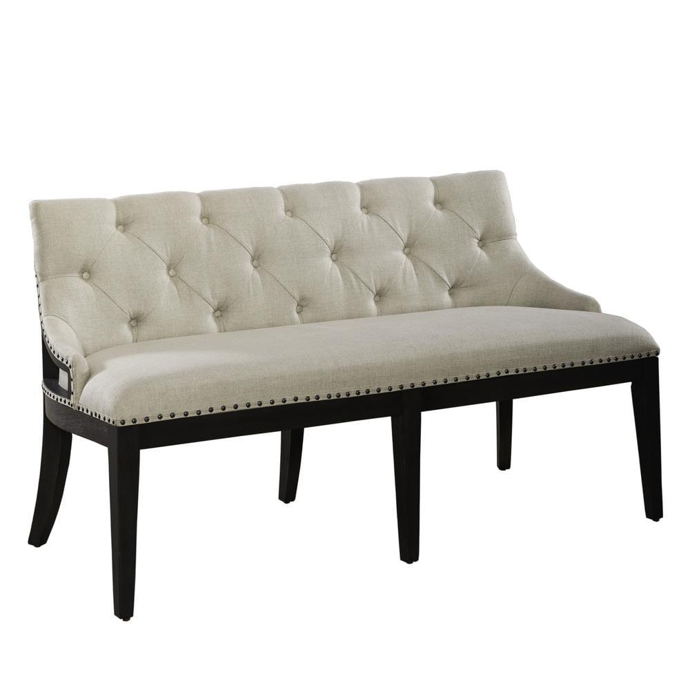 Beige and Black Upholstered Tufted Dining Bench with Nail Head Trim