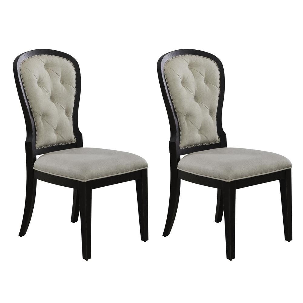 Americana Farmhouse Black Upholstered Linen Tufted Side Chair Set