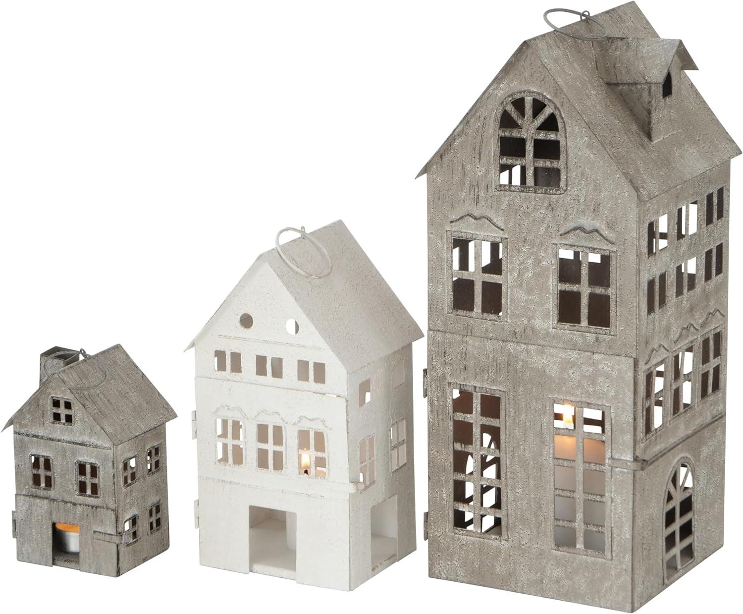 Americana Main Street Town House Candle Lanterns, Set of 3, Vintage Style, Weathered White and Rustic Gray, Metal, Hinged Doors, 14 1/2, 8 3/4 and 5 1/8 Inches Tall