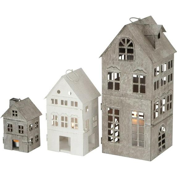 Americana Main Street Town House Candle Lanterns, Set of 3, Vintage Style, Weathered White and Rustic Gray, Metal, Hinged Doors, 14 1/2, 8 3/4 and 5 1/8 Inches Tall